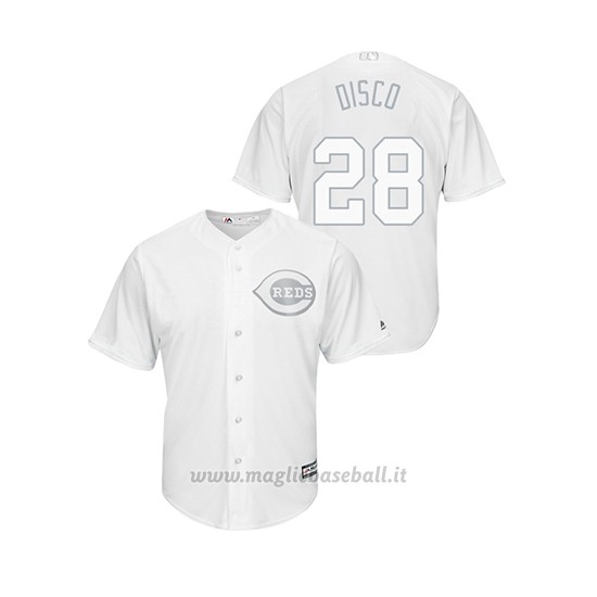 Maglia Baseball Hombre Cincinnati Reds 28 Anthony Desclafani 2019 Players Weekend Disco Replica Bianco